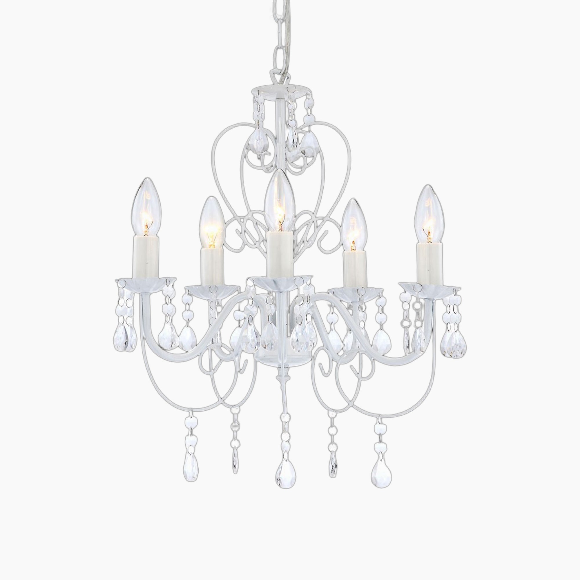 Classic white metal chandelier with five candle bulbs, curved arms, clear pendants, and chain suspension.