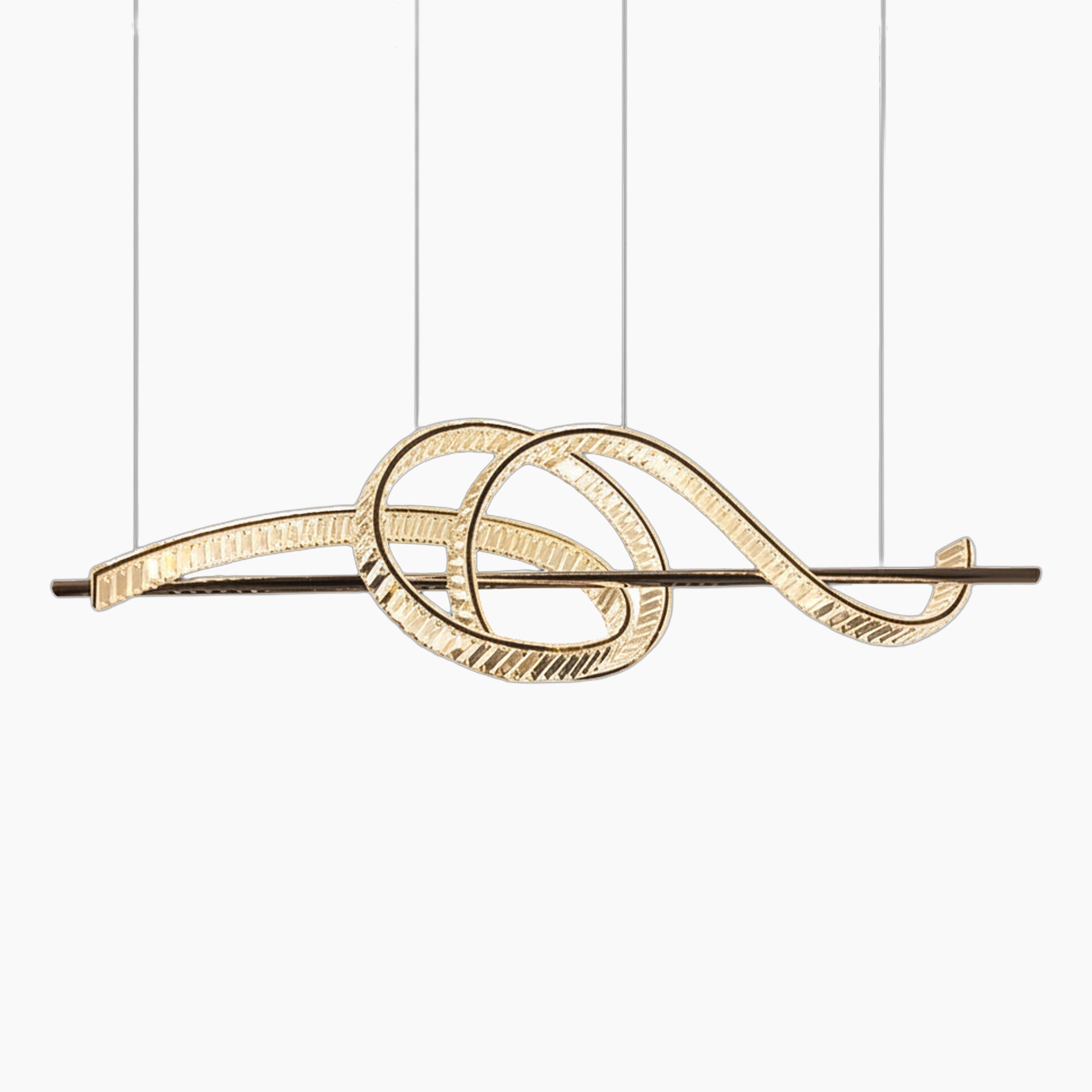 Twisted ribbon chandelier with faceted crystals, combining industrial style and modern elegance.