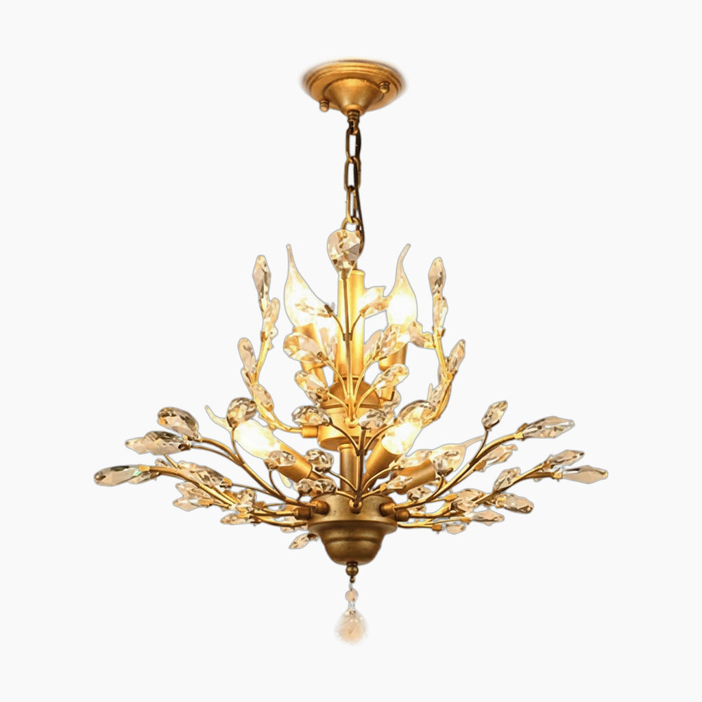 Ornate vintage crystal chandelier with gold adjustable branches, leaf accents, and sparkling crystals.