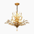 Ornate vintage crystal chandelier with gold adjustable branches, leaf accents, and sparkling crystals.