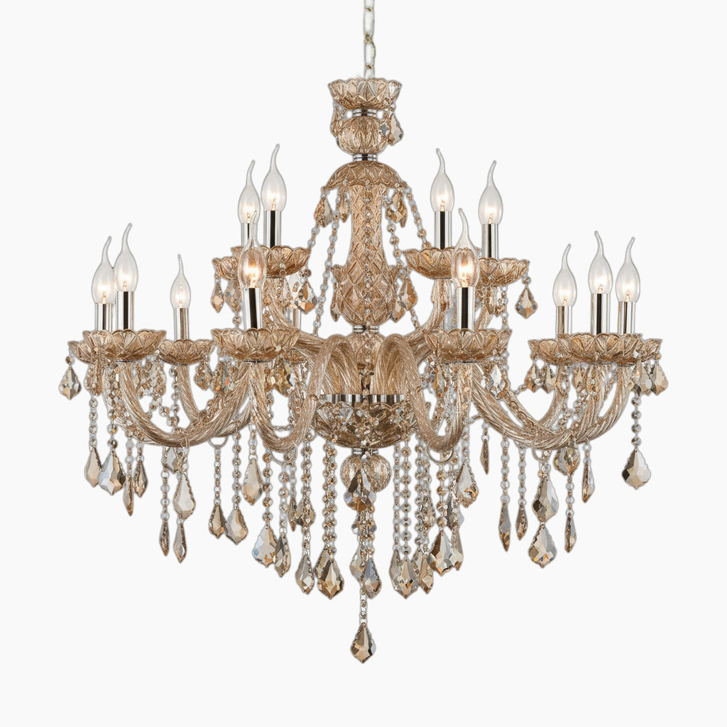 Gold-toned chandelier with maple leaf motif, twelve E14 candle lights, and crystal pendants.