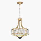Elegant five-light gold chandelier with clear glass crystals, round frame, and short hanging chain.