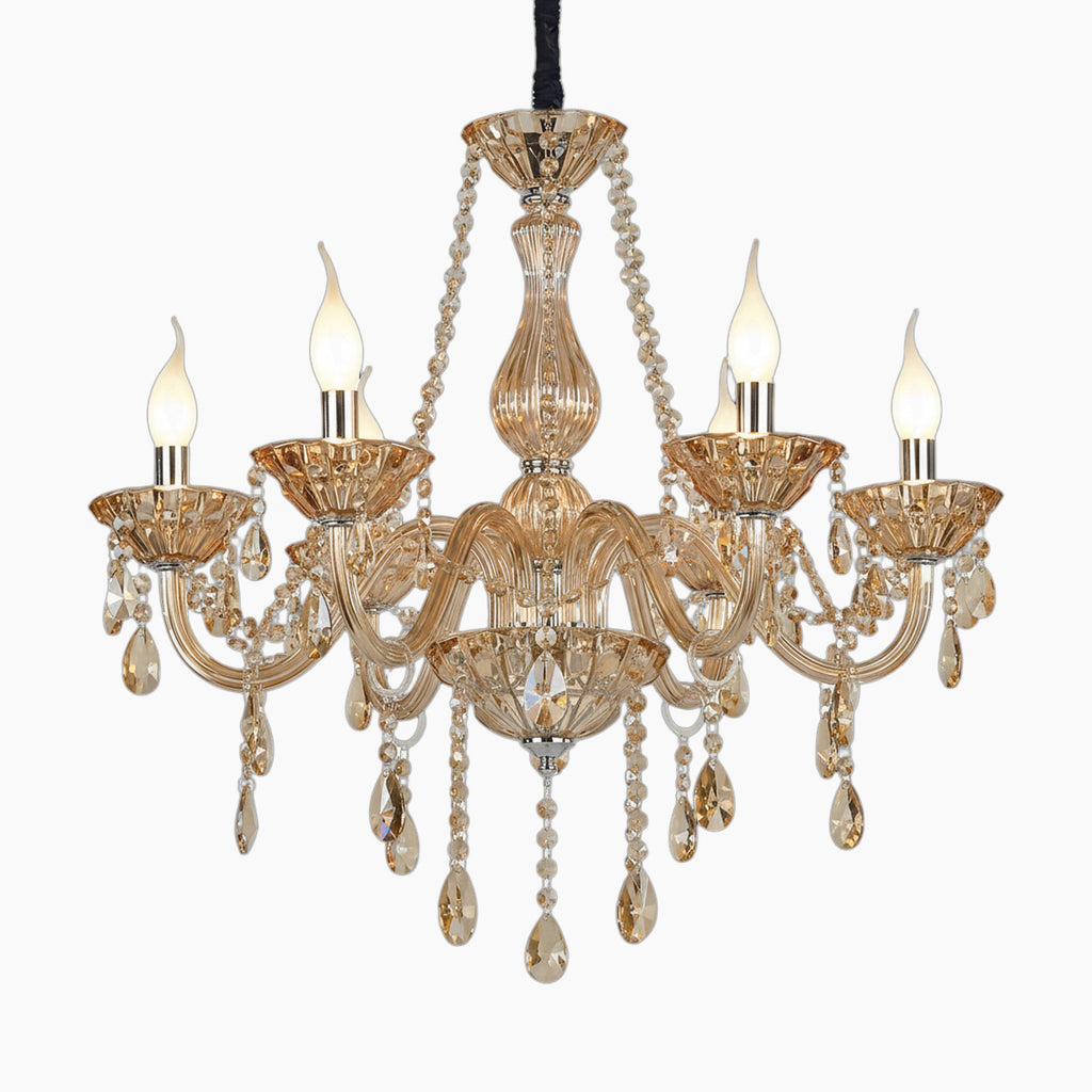 Maison Ornate Elegant K9 Crystal Gold Chandelier with six candle lights, crystal beads, teardrop pendants.