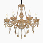 Maison Ornate Elegant K9 Crystal Gold Chandelier with six candle lights, crystal beads, teardrop pendants.