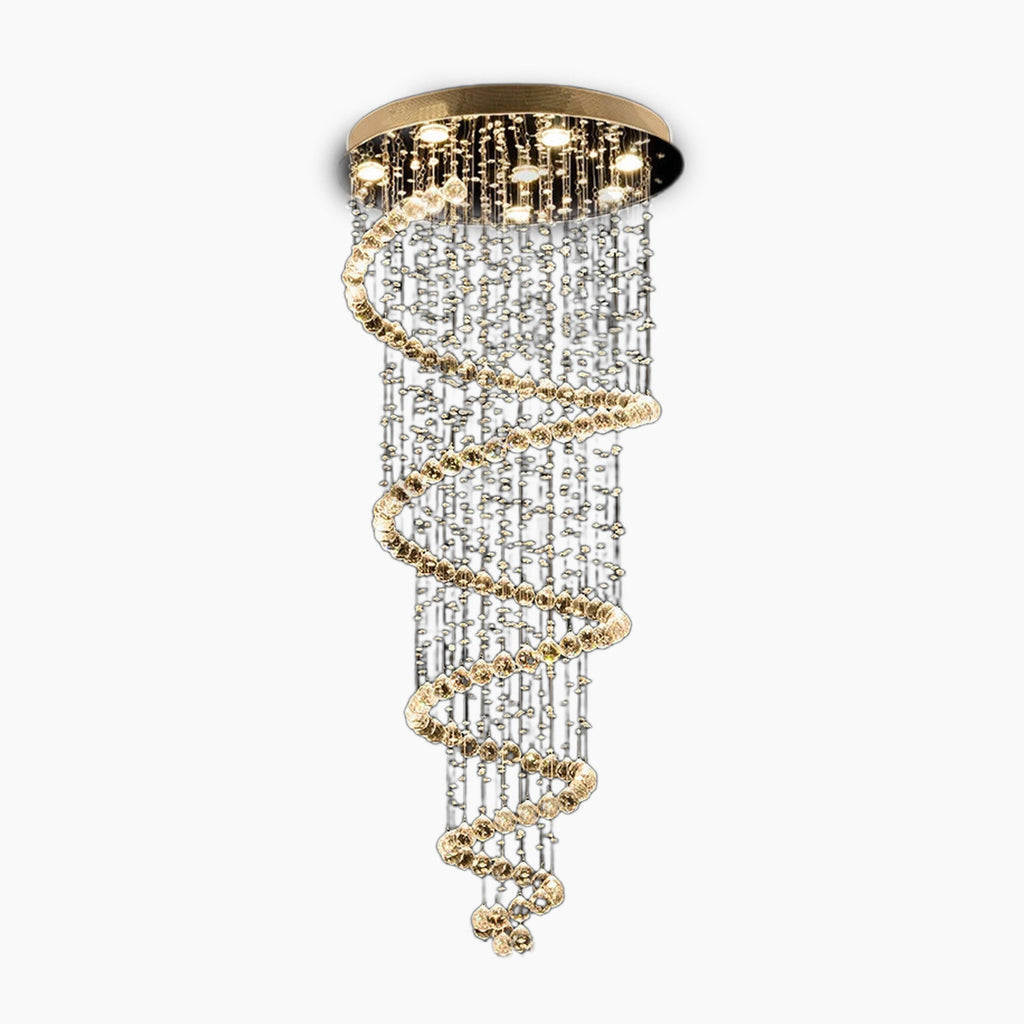 Maison Ornate Duplex Spiral Crystal Pendant Light with gold base and cascading spiral gold, crystal beads.