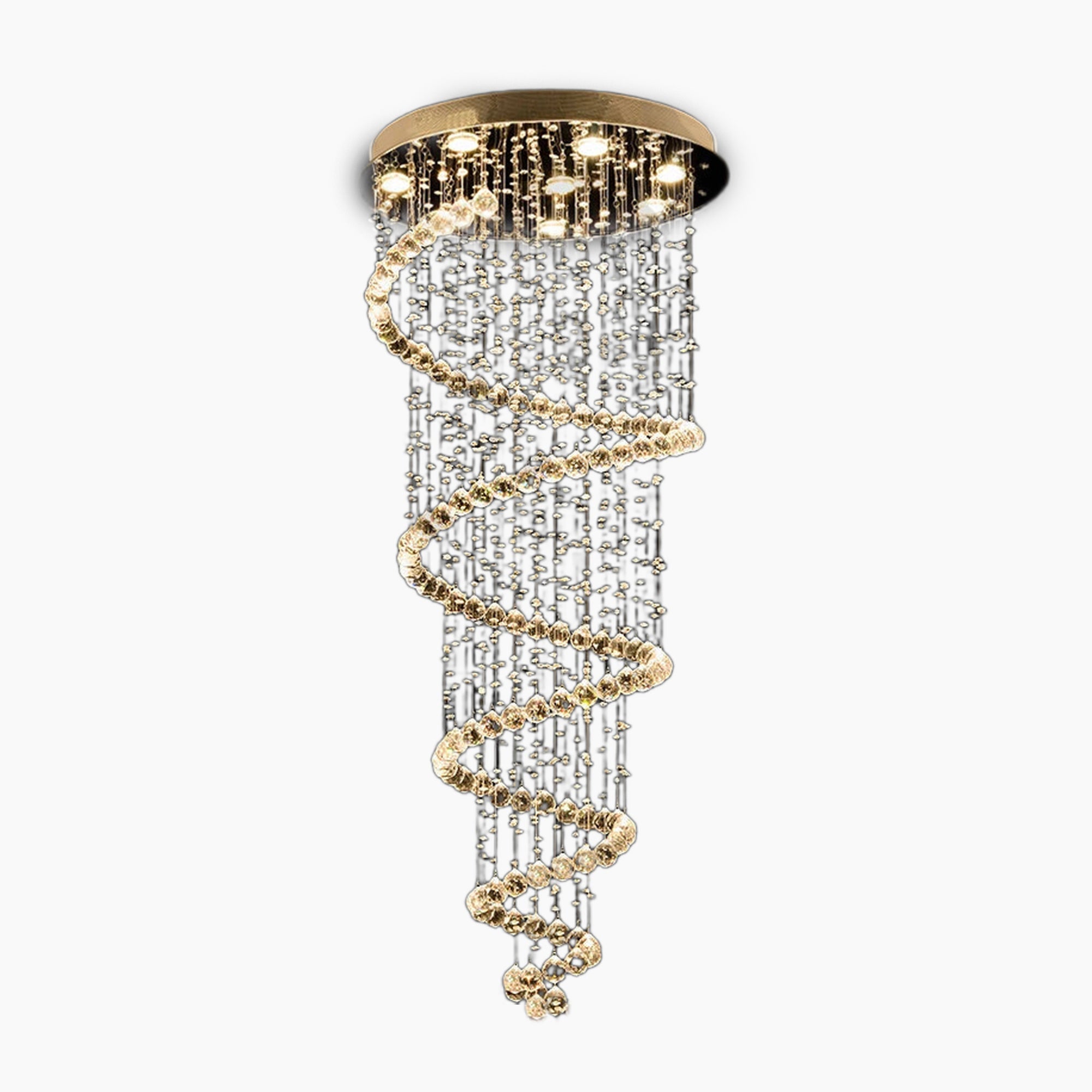 Maison Ornate Duplex Spiral Crystal Pendant Light with gold base and cascading spiral gold, crystal beads.