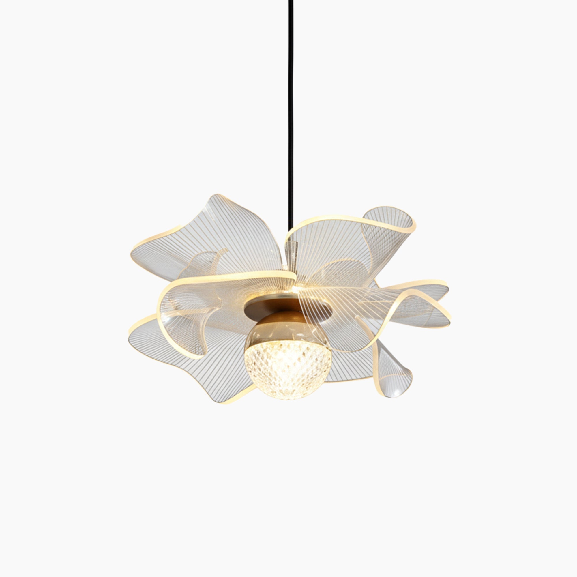 Modern Crystal Chandelier with gold floral accents, wavy mesh shade, central exposed bulb.