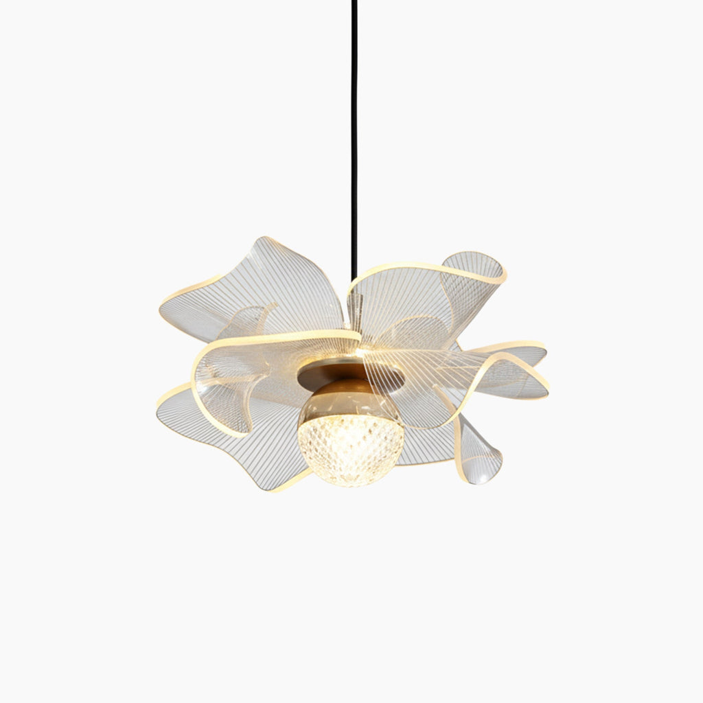 Minimalist crystal ball chandelier with wavy gold mesh shade and exposed bulb, sleek Scandinavian style.