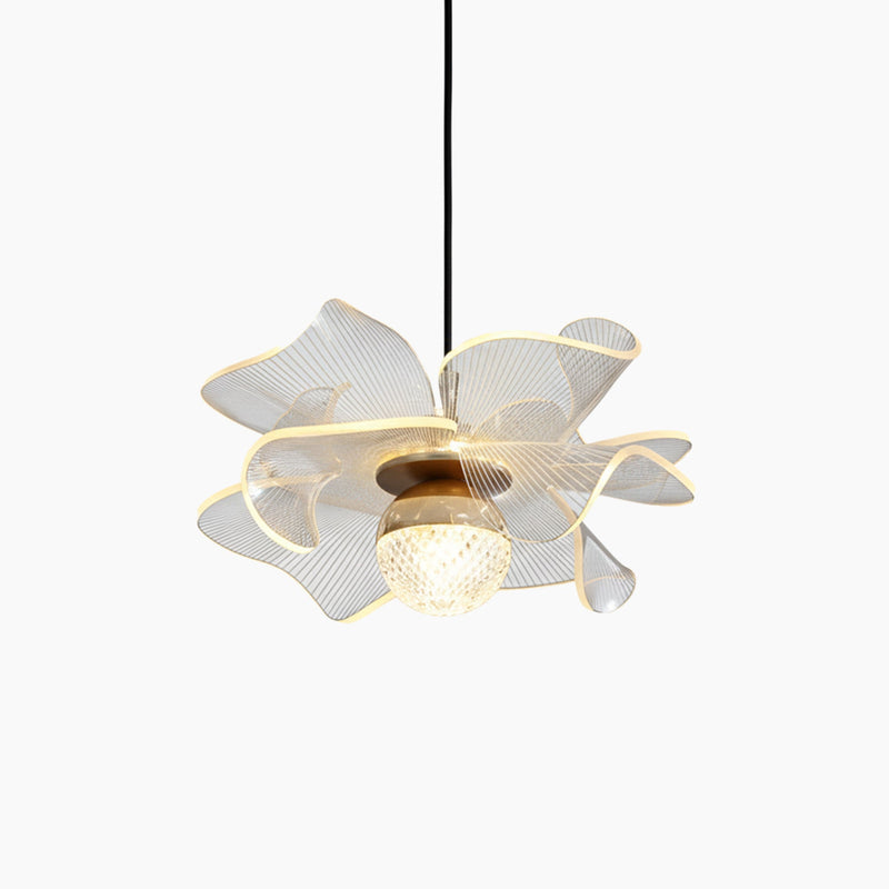 Minimalist crystal ball chandelier with wavy gold mesh shade and exposed bulb, sleek Scandinavian style.