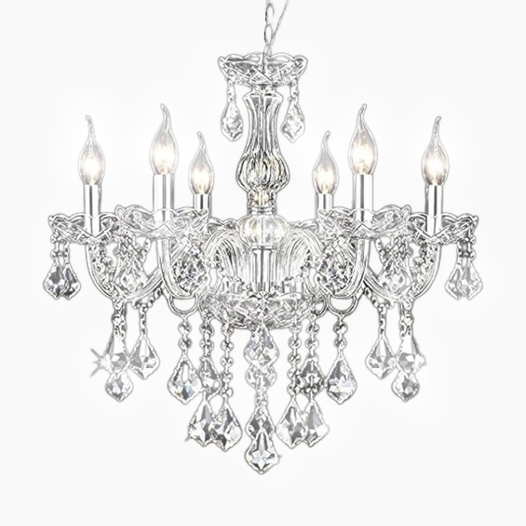 A modern crystal chandelier with six candle bulbs, silver accents, clear K9 crystals, adjustable chain.