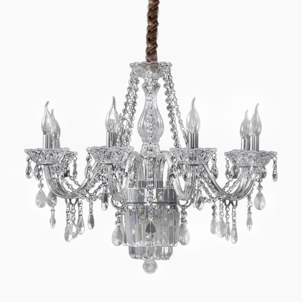 Elegant European chandelier with six candle bulbs, ornate glass arms, K9 crystal pendants, rope suspension.