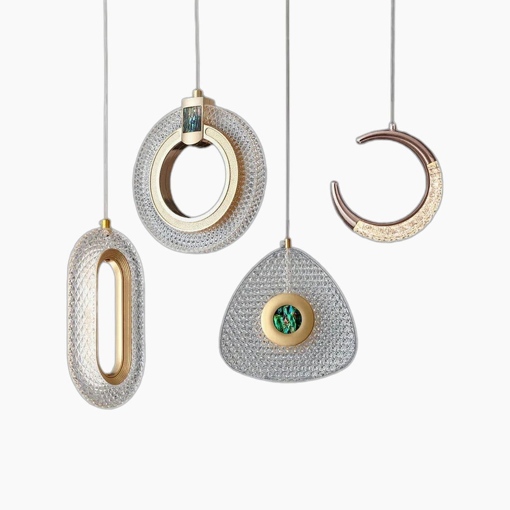Maison Ornate Art Deco chandelier with four gold and crystal pendant shapes suspended on wires.