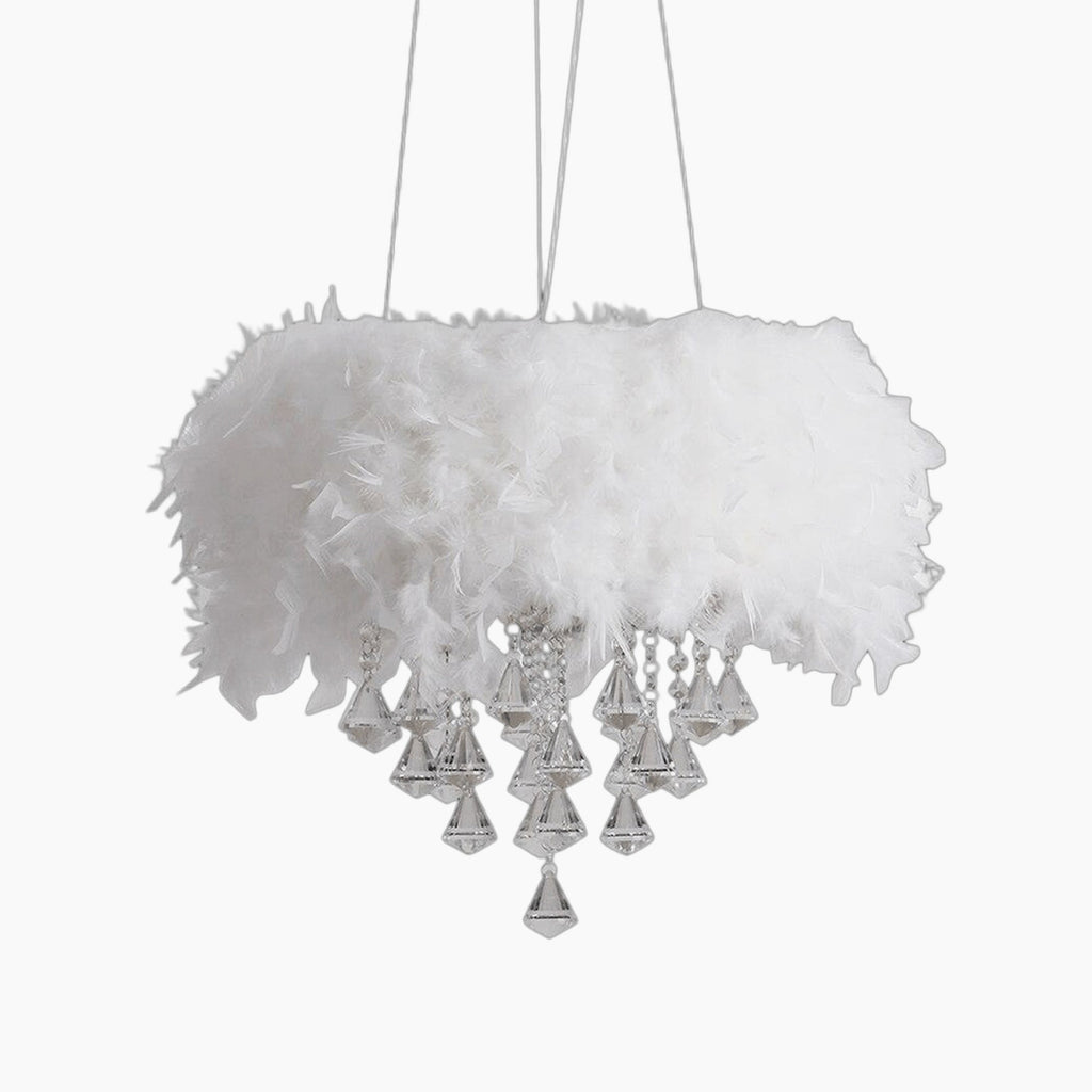 Maison Ornate Round LED Crystal Chandelier with feather tassels, clear crystal pendants, three-wire suspension.