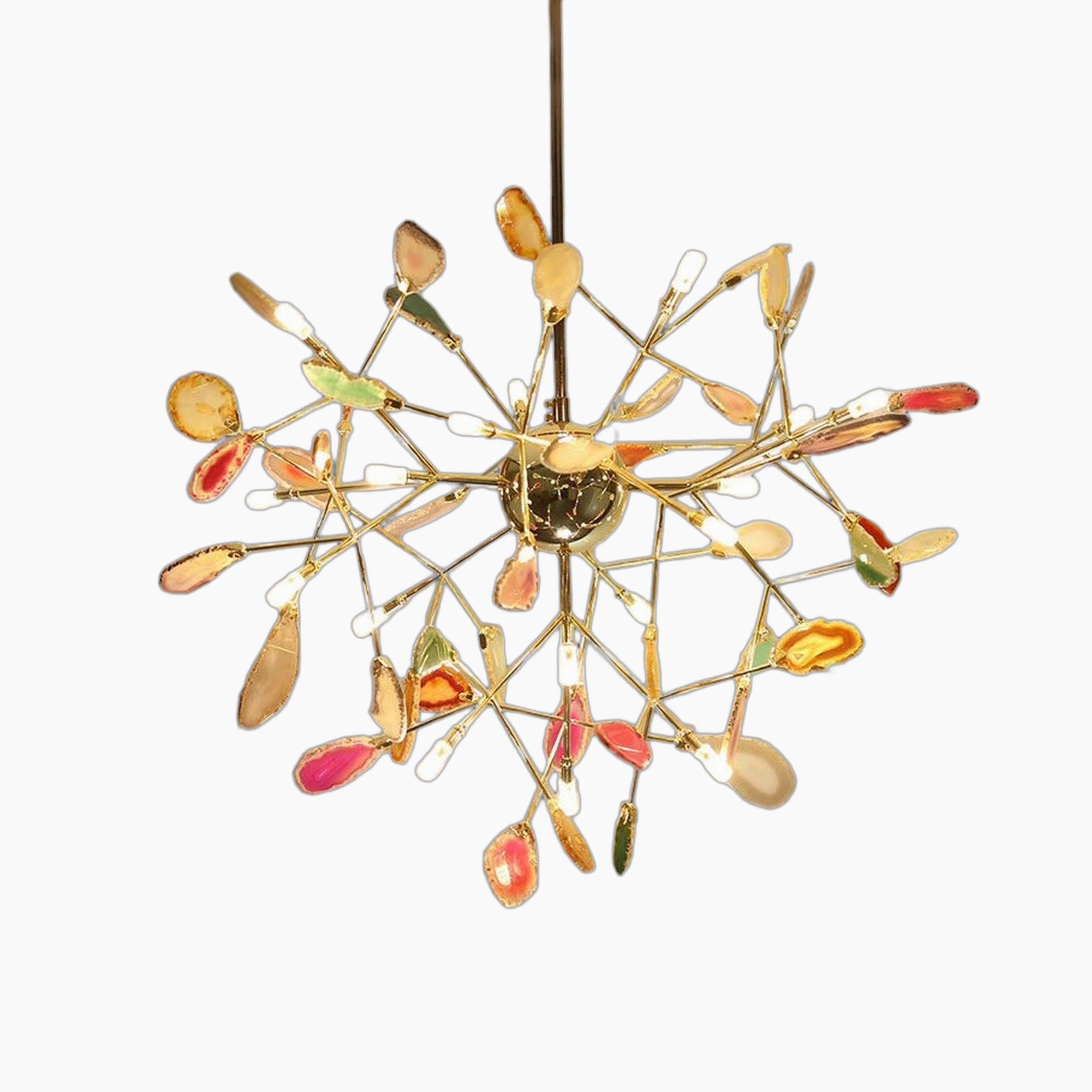 Modern crystal LED chandelier with gold branches and colorful glass petals, Art Deco-inspired design.
