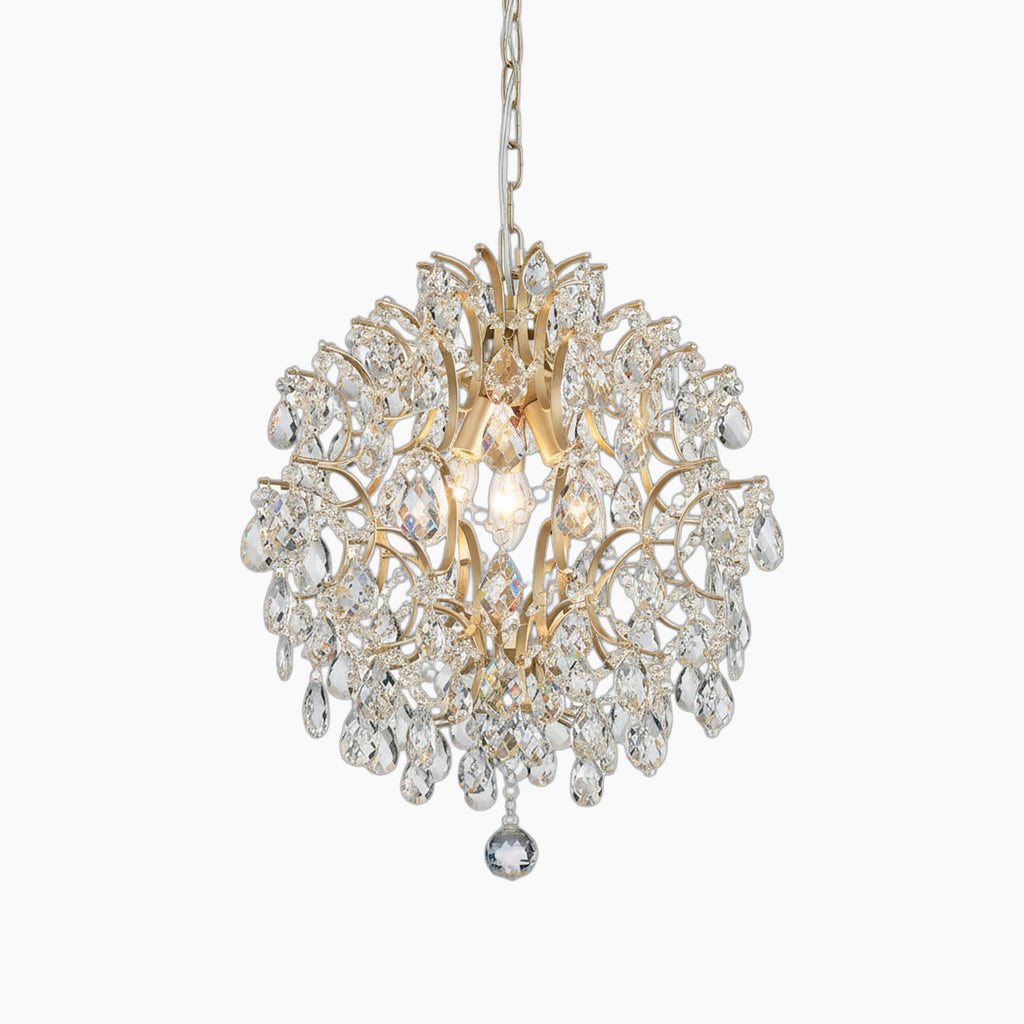 Round 3-light gold chandelier with clear crystal drops, ornate detailing, and sparkling metal-and-crystal design.