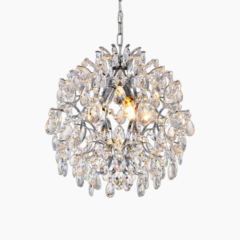 Maison Ornate Modern Crystal Ball Chandelier with sparkling beads, diamond crystals, chrome branches, glowing bulbs.
