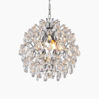 Maison Ornate Modern Crystal Ball Chandelier with sparkling beads, diamond crystals, chrome branches, glowing bulbs.