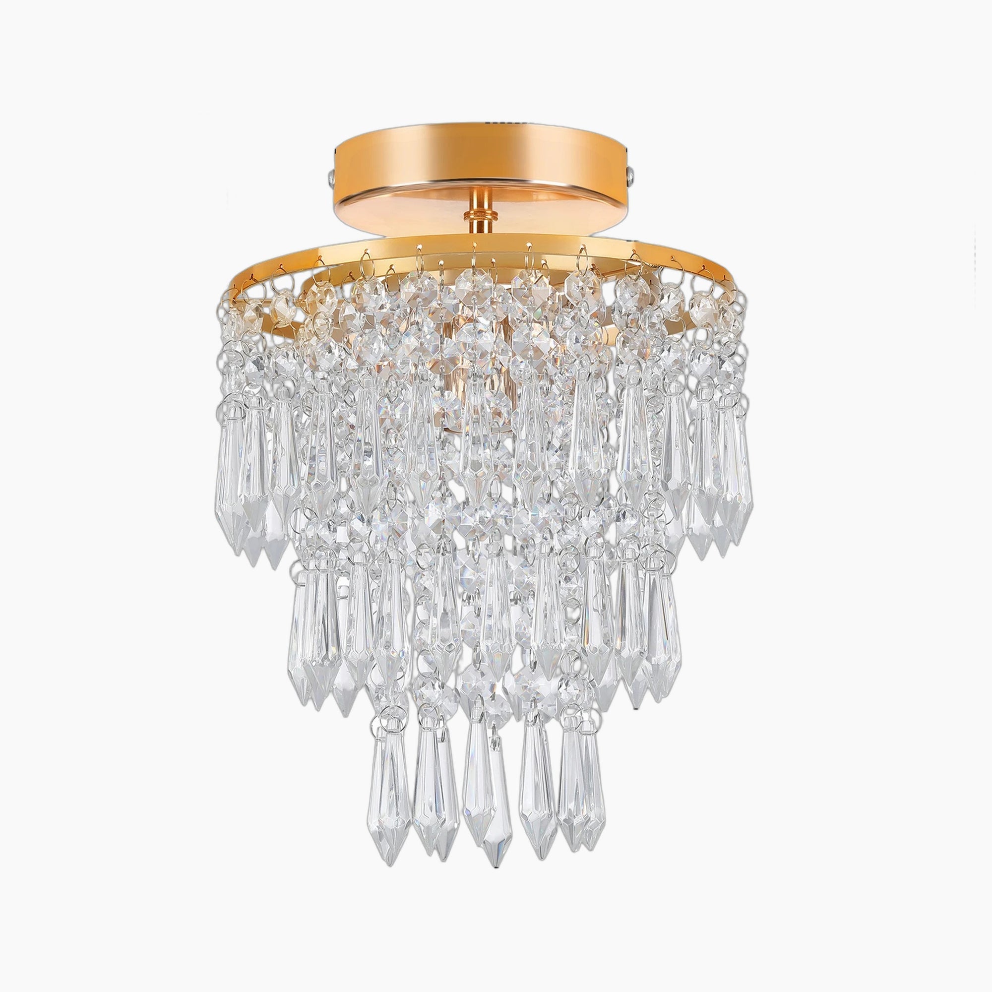 Gold Art Deco chandelier with three tiers of clear crystal prisms, elegant and luxurious design.