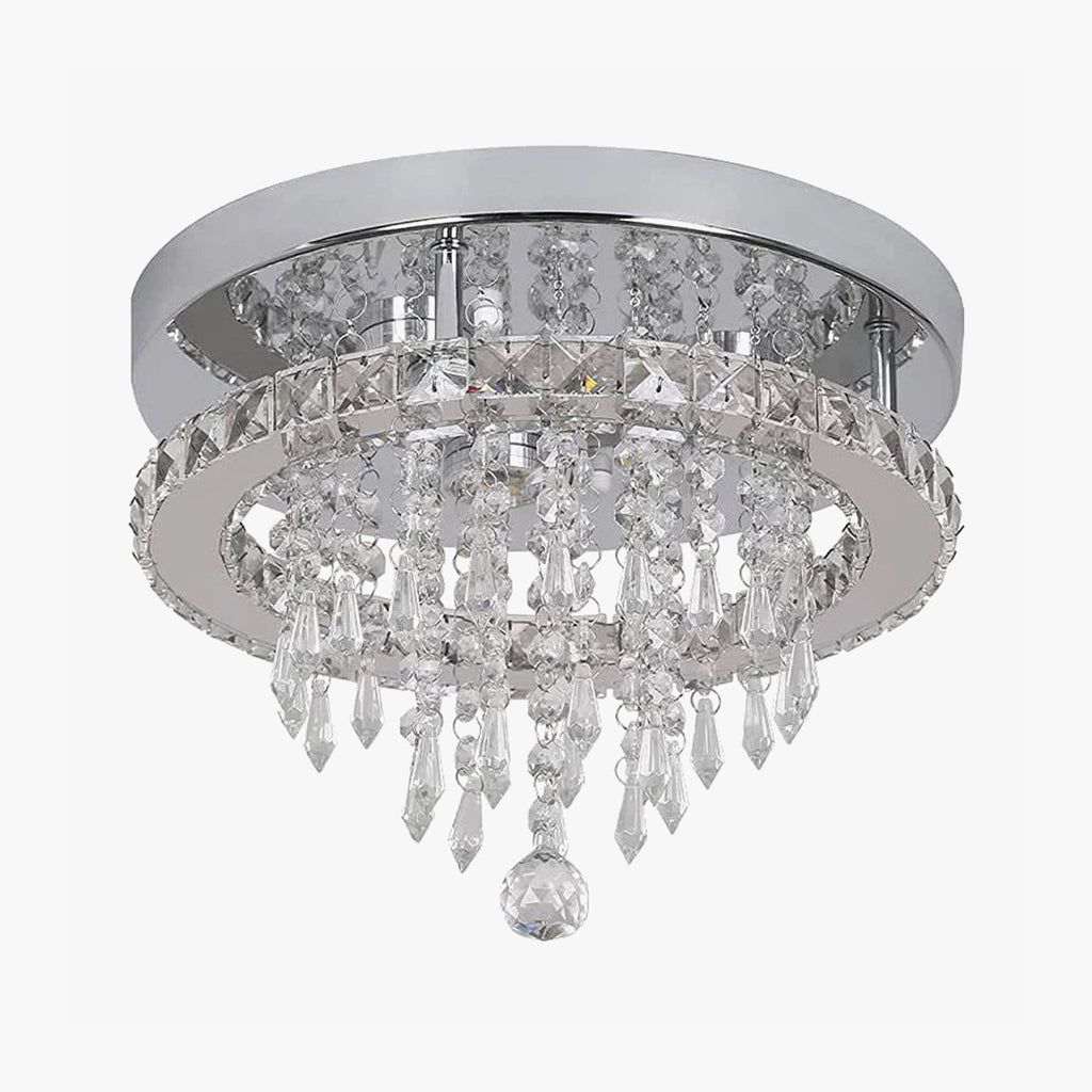 Round chrome base chandelier with tiered crystal pendants, creating a sparkling modern LED fixture.
