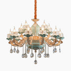 Gold and blue European crystal chandelier with twelve flower-shaped E14 holders, ceramic accents, hanging droplets.