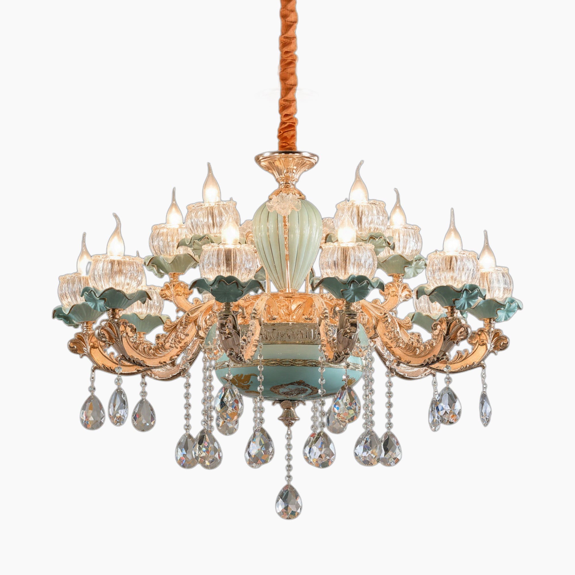 Gold and blue European crystal chandelier with twelve flower-shaped E14 holders, ceramic accents, hanging droplets.
