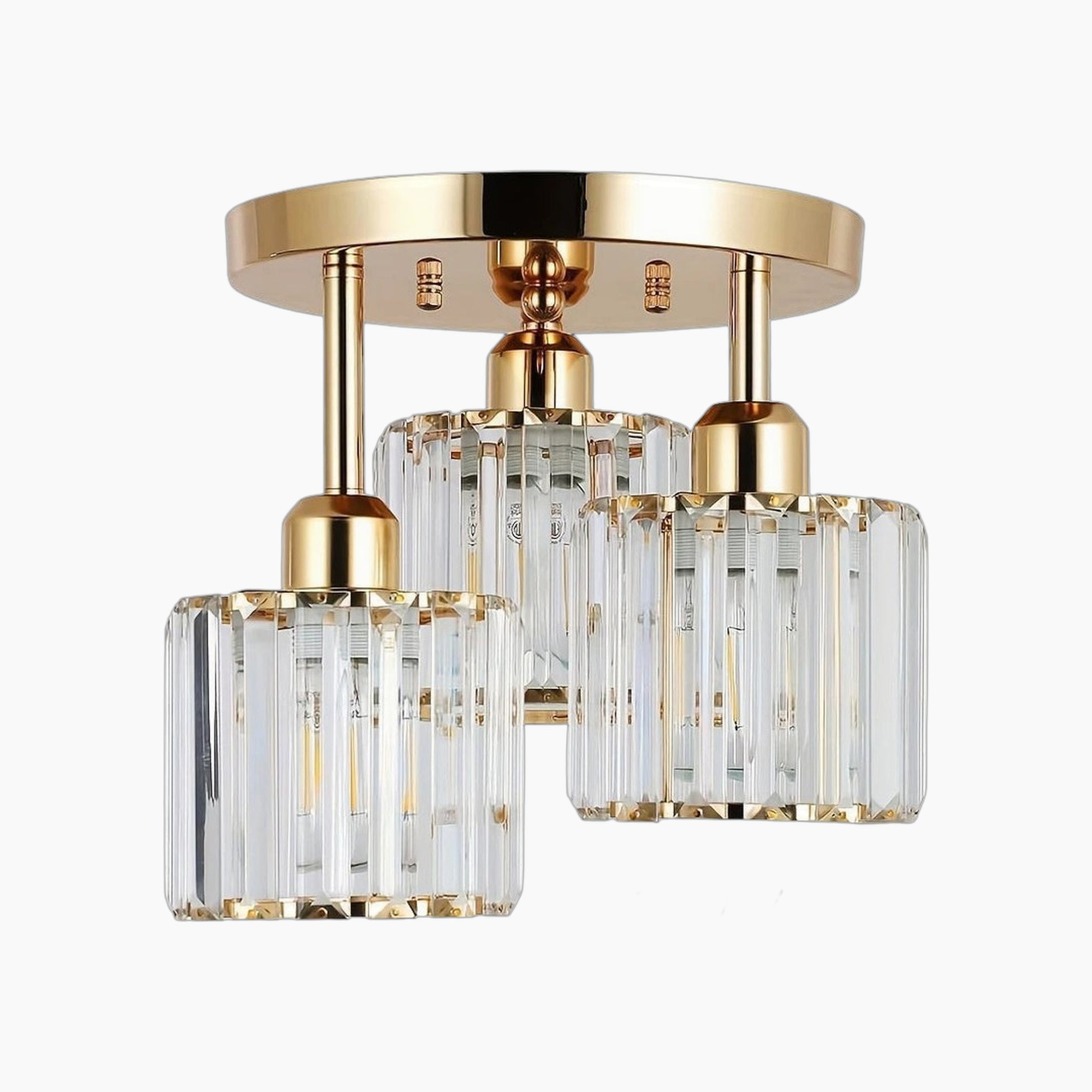 Maison Ornate gold iron chandelier with three vertically-ridged glass crystal shades in modern style.