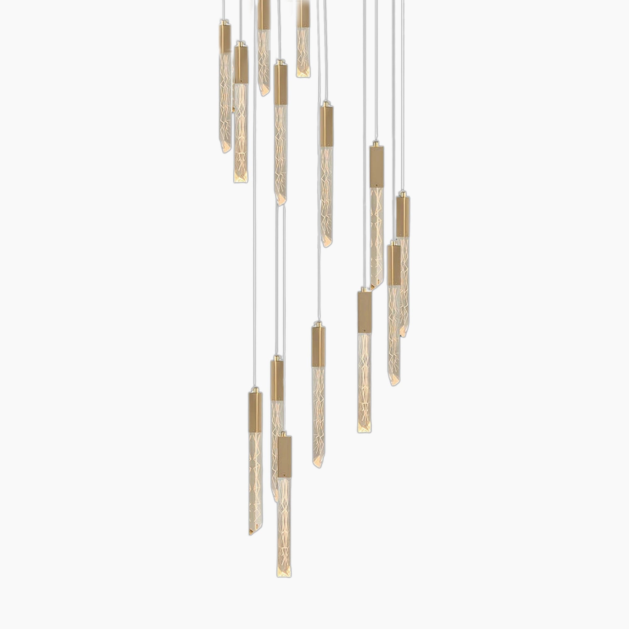 Modern spiral chandelier with crystal accents, LED lighting, stunning focal piece for high ceilings.