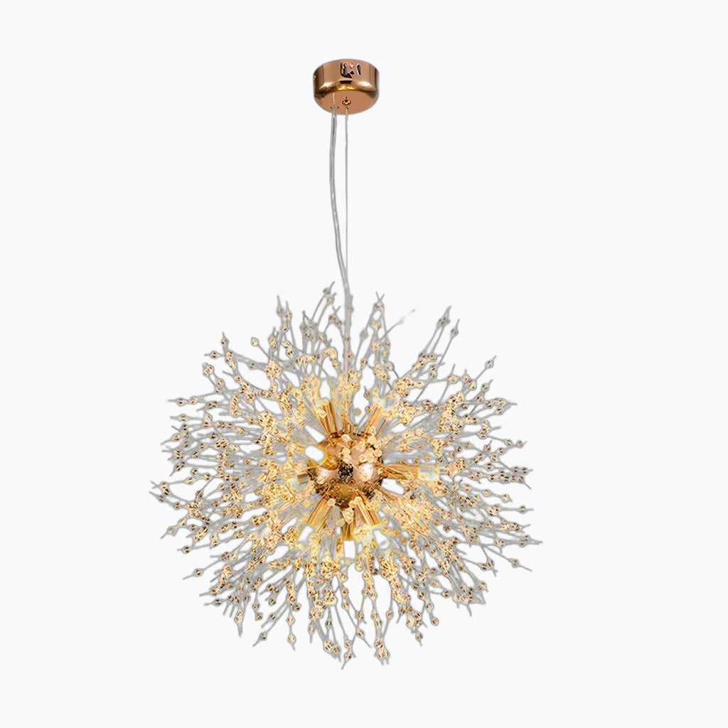 Gold and silver starburst LED chandelier with glowing branches, warm lights, and cable suspension.