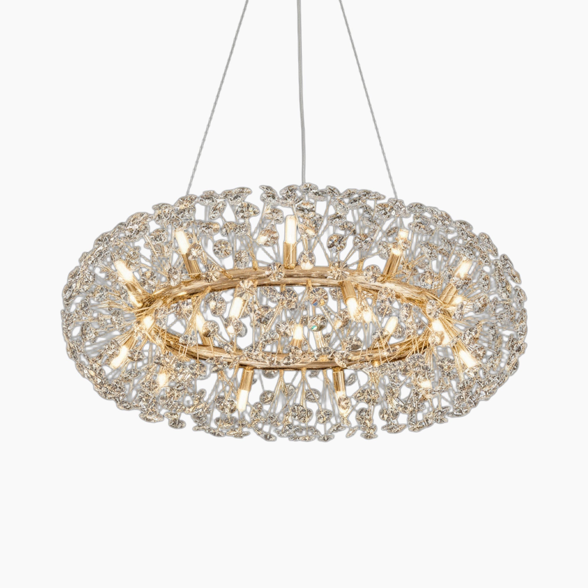 Modern circular crystal chandelier with gold metal, intricate detailing, and multiple bulbs on thin wires.