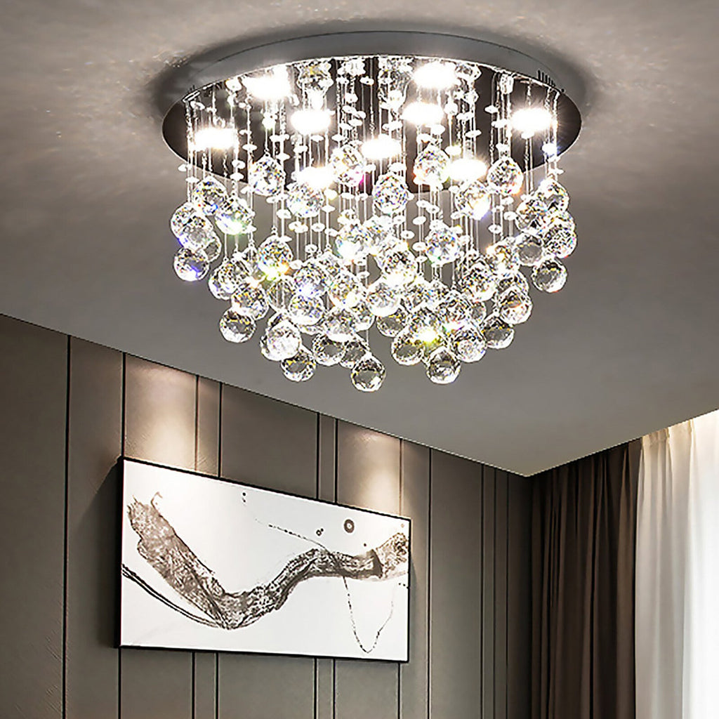 Maison Ornate Round LED Chandelier with 9 K9 crystal ball lights on circular base.