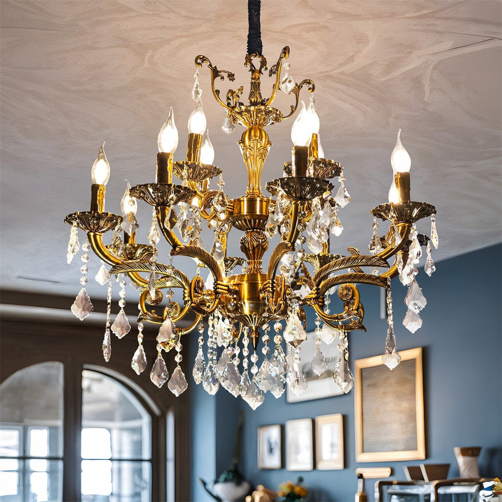 Vintage bronze crystal chandelier with eight E14 bulbs and sparkling pendants in an ornate design.