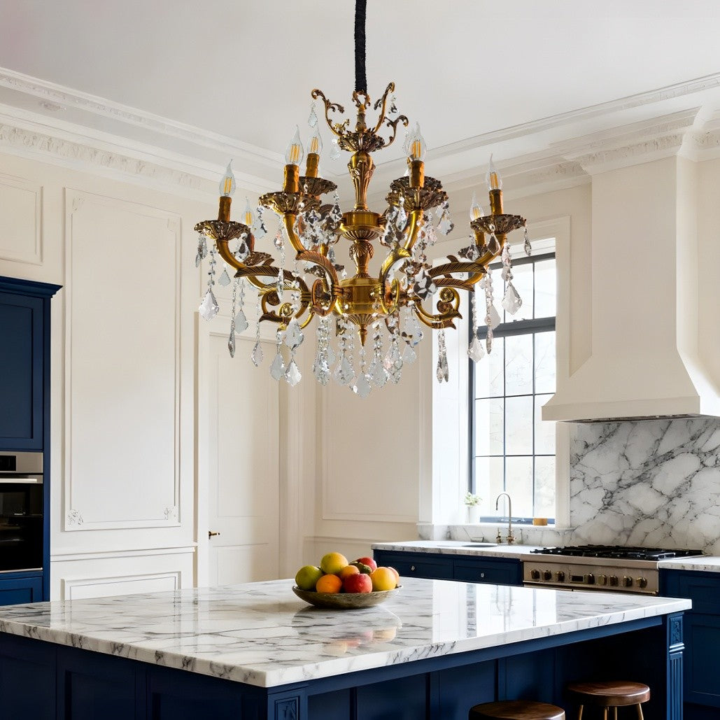 Maison Ornate Modern K9 Crystal Bedroom Chandelier with elegant crystal detailing and contemporary metallic structure.