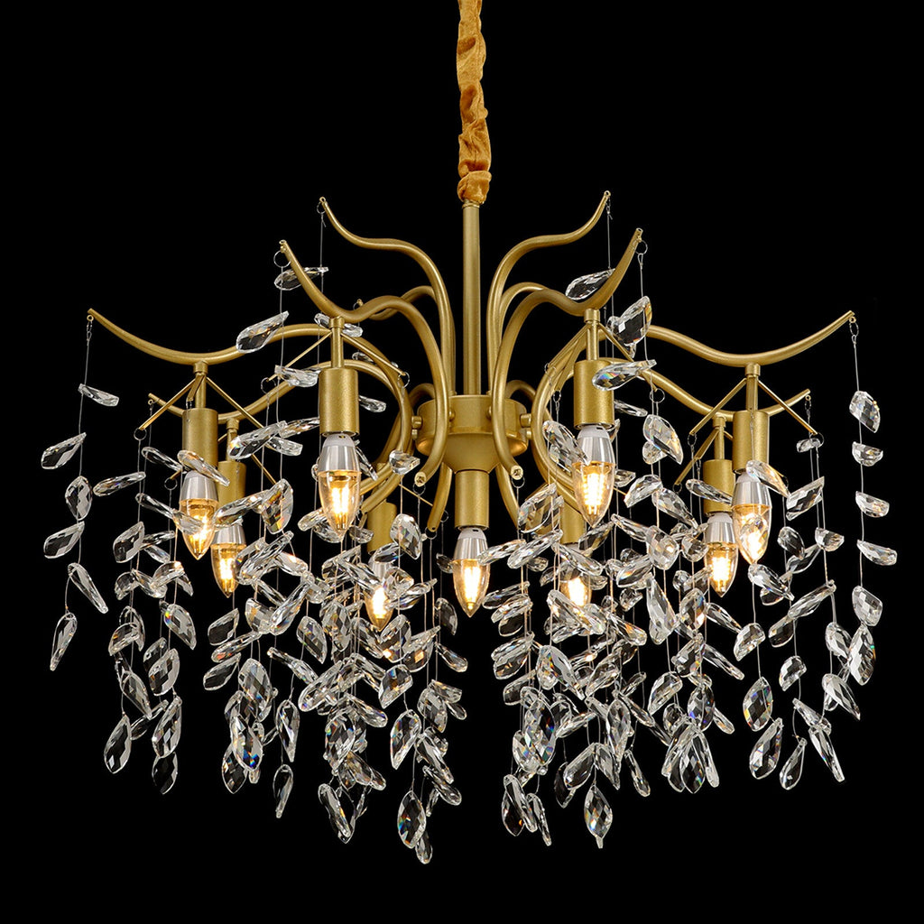 Maison Ornate gold branch chandelier with six exposed bulbs, K9 crystals, and clear droplet accents.