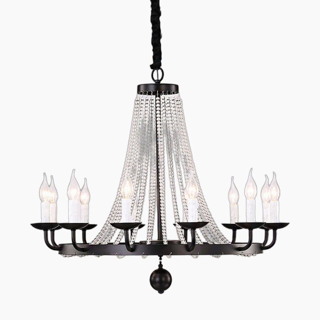 Black metal chandelier with candle bulbs and draped K9 crystal bead chains, suspended by black cord.