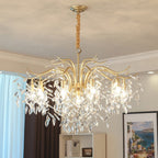The Maison Ornate Gold 8-Arm Chandelier features sparkling K9 crystal leaves in a modern design.