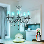Maison Ornate LED Crystal Chandelier with Chrome finish, featuring remote-controlled lighting settings.