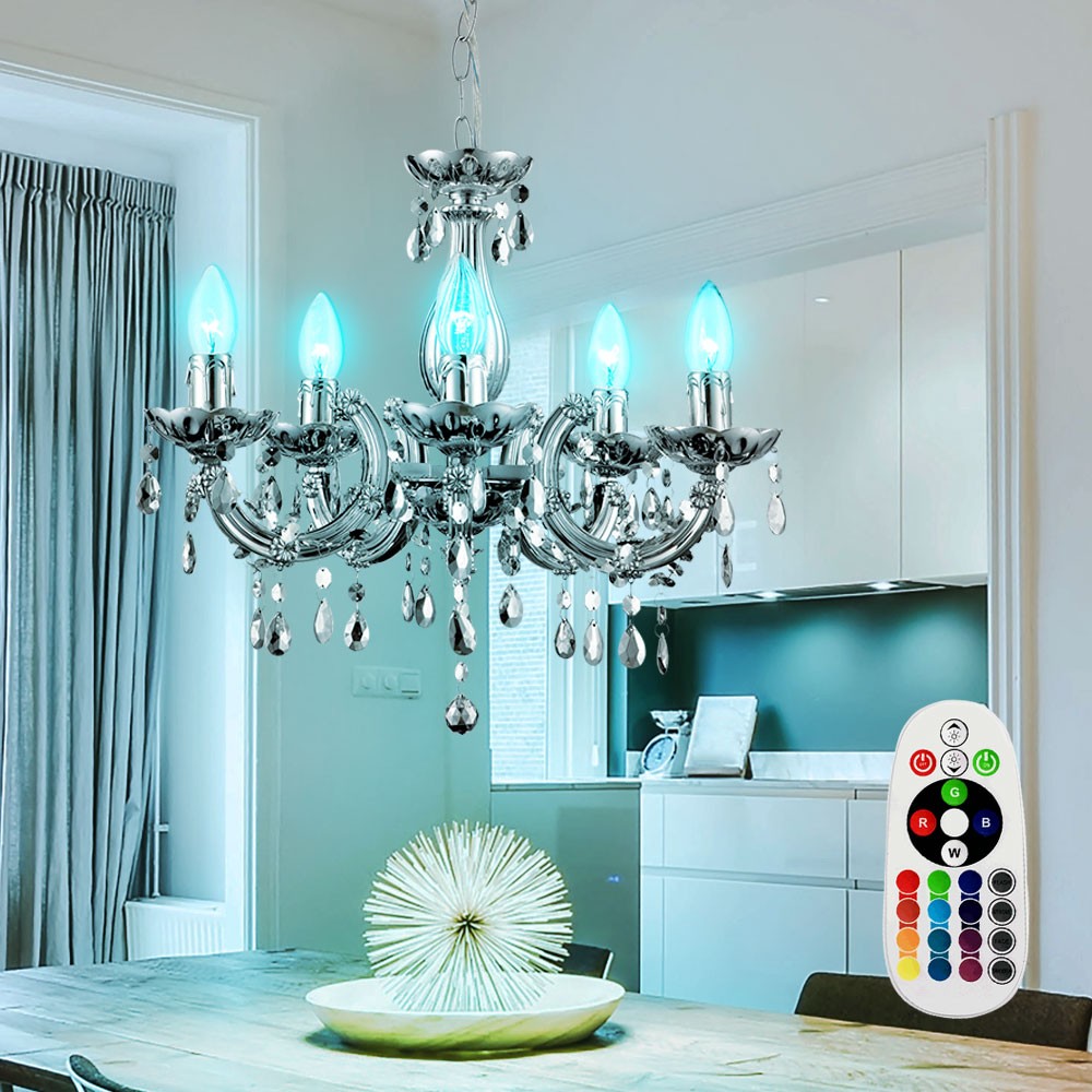 Maison Ornate LED Crystal Chandelier with Chrome finish, featuring remote-controlled lighting settings.