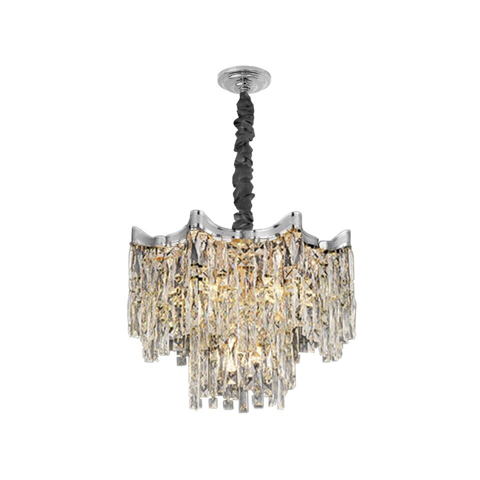 Two-tier crystal prism chandelier with chrome metal finish and black fabric-wrapped suspension rod.