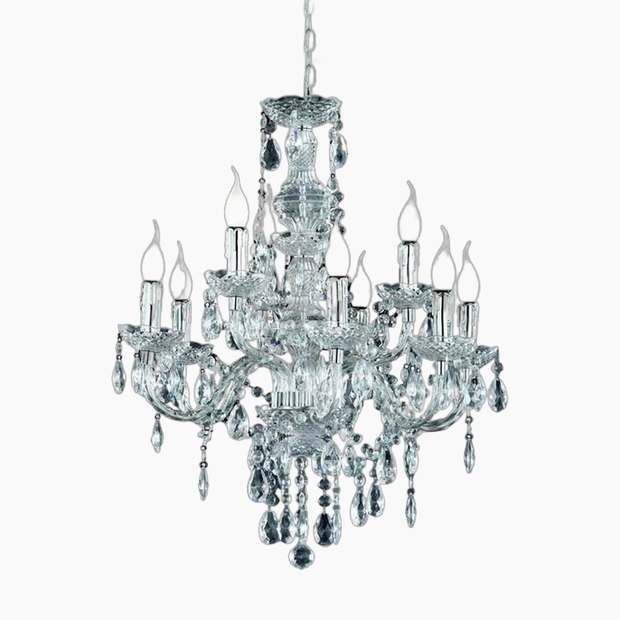 Maison Ornate 9-light acrylic chandelier with black and clear crystals, nine ornate arms, candle-style bulbs.