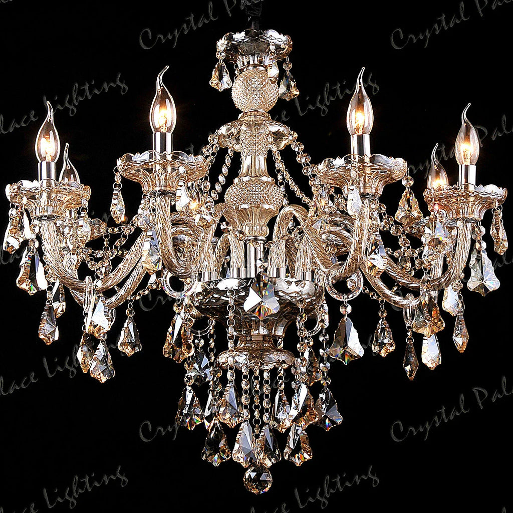 Maison Ornate chandelier with candle-style bulbs, K9 crystals, and a champagne finish, elegantly sparkling.