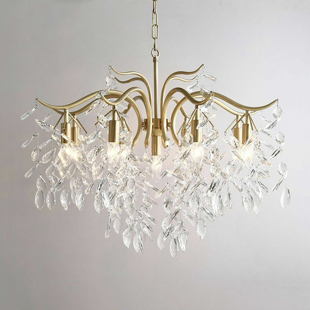 Maison Ornate Crystal Chandelier Elegant Gold with eight curved arms and cascading K9 crystal leaves.