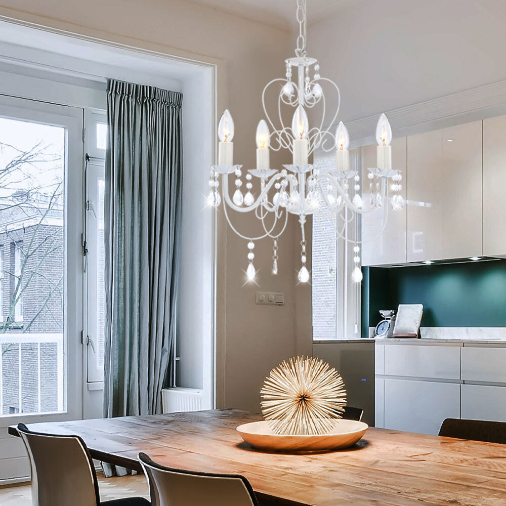 Maison Ornate Elegant White Metallic Crystal Chandelier with five arms, featuring luxurious crystal accents.
