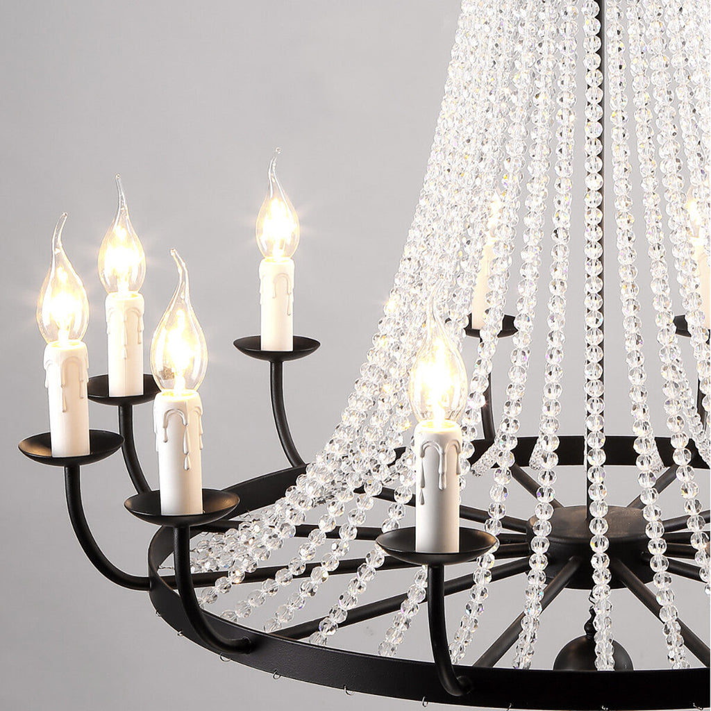 Maison Ornate K9 Crystal Grand Chandelier with black frame, candle bulbs, and draped clear crystals.