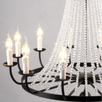 Maison Ornate K9 Crystal Grand Chandelier with black frame, candle bulbs, and draped clear crystals.