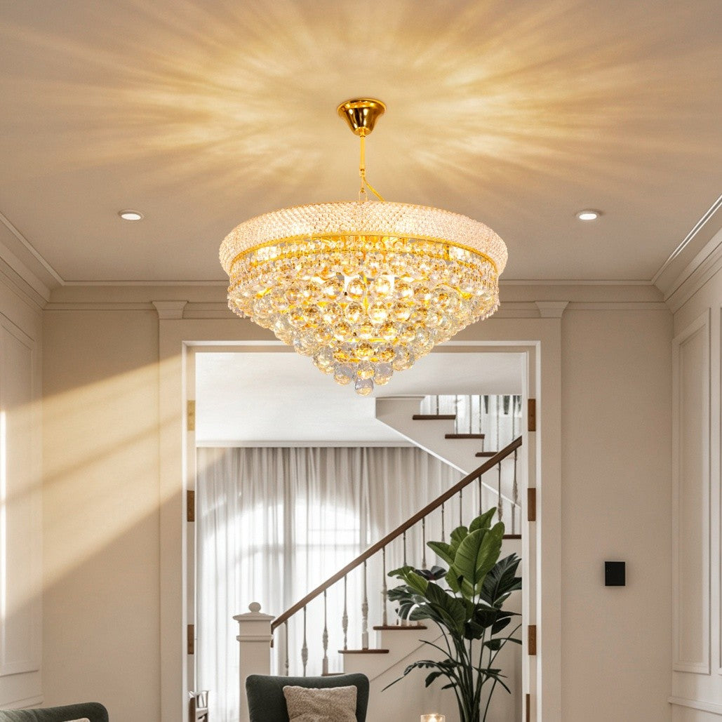 Maison Ornate Elegant Modern Crystal Design Golden Chandelier with gold finish and intricate crystal accents.