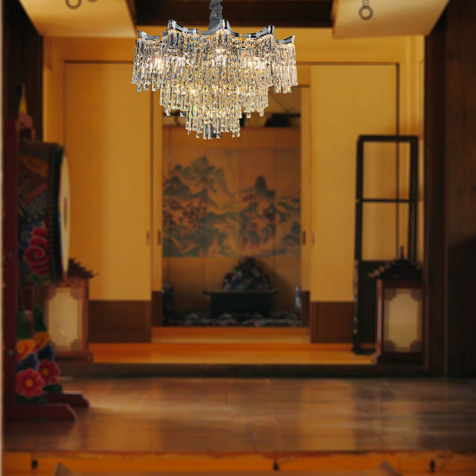 Maison Ornate Dimmable LED Industrial Crystal Chrome Metal Lustre chandelier with intricate crystal details.