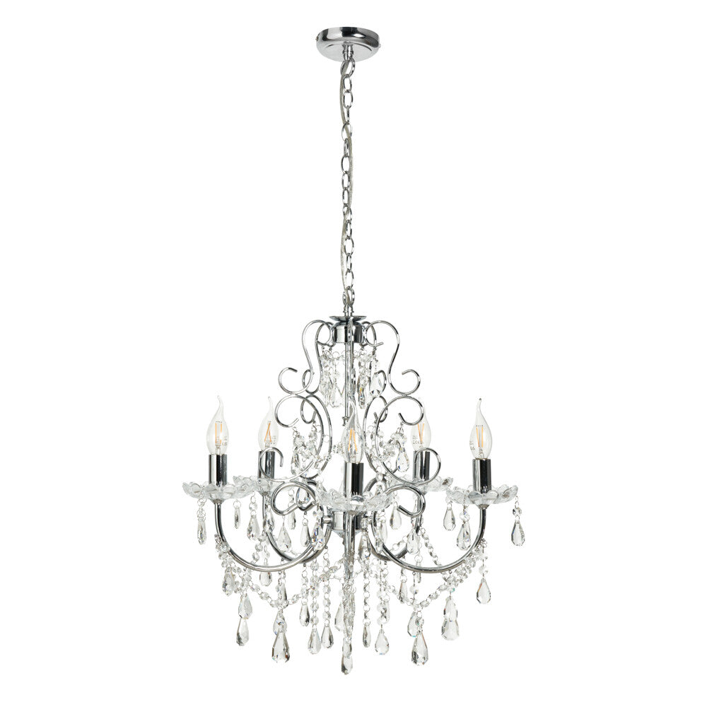 Ornate antique chandelier with five polished chrome arms and dangling crystals for elegant decor.
