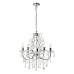 Ornate antique chandelier with five polished chrome arms and dangling crystals for elegant decor.