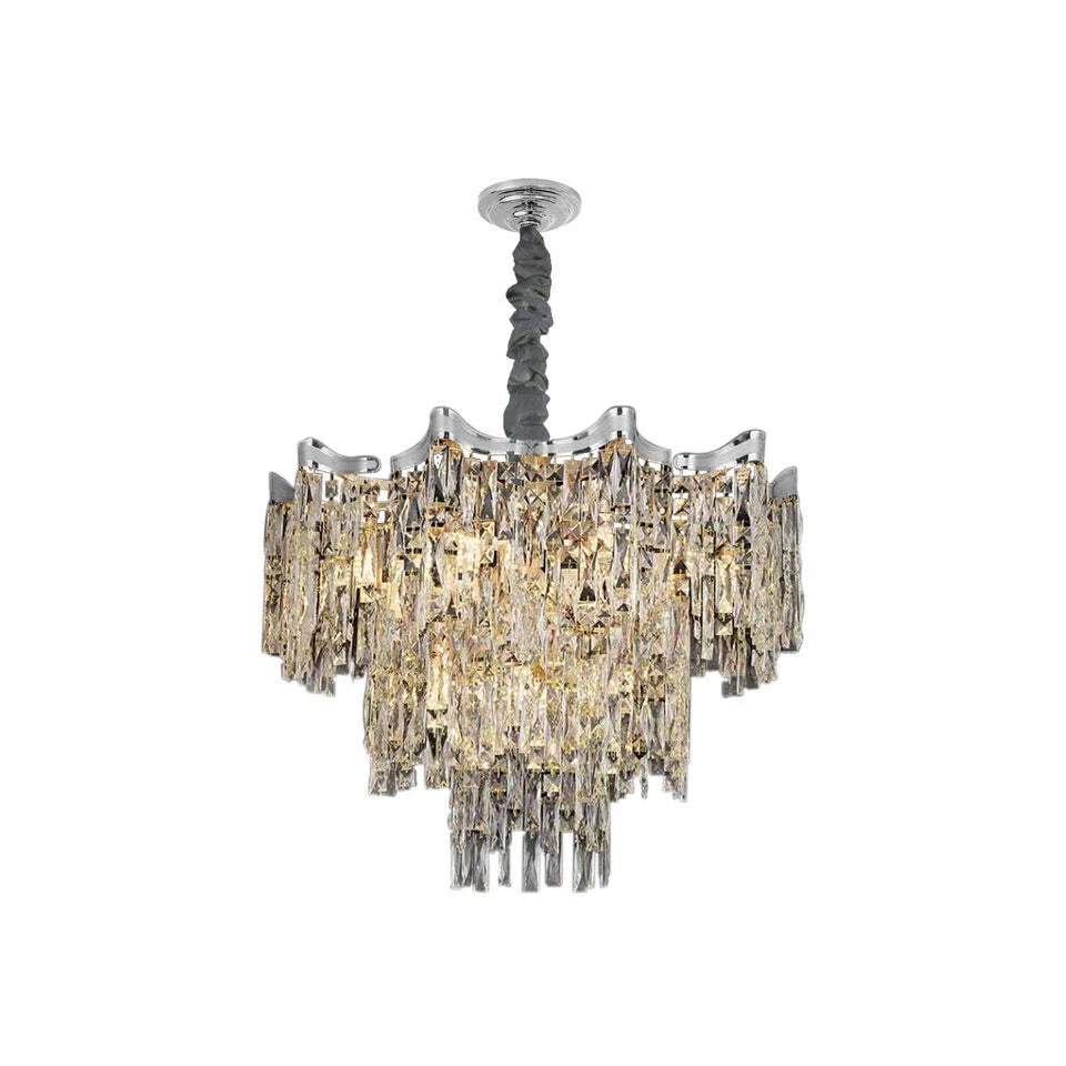 Ornate chrome chandelier with dimmable LED and multiple tiers of sparkling faceted crystals.