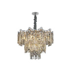 Ornate chrome chandelier with dimmable LED and multiple tiers of sparkling faceted crystals.